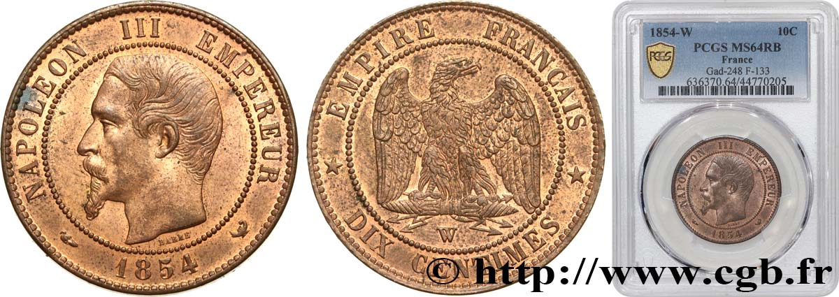 Dix centimes Napoléon III, tête nue 1854 Lille F.133/18 MS64 PCGS