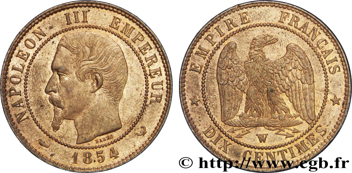 Dix centimes Napoléon III, tête nue 1854 Lille F.133/18 SPL60 