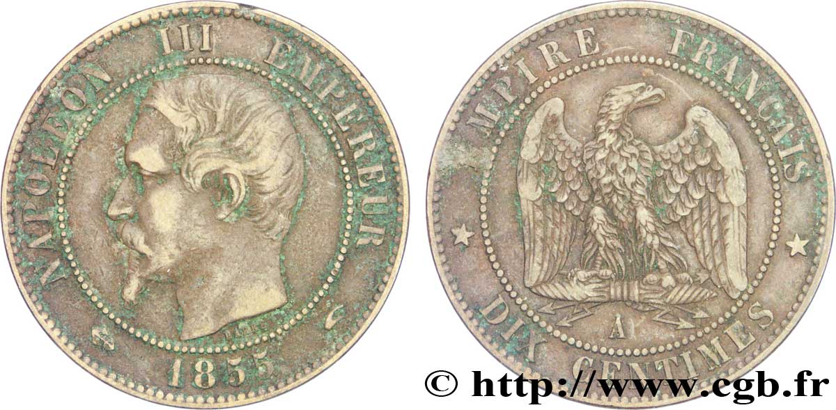 Dix centimes Napoléon III, tête nue 1855 Paris F.133/20 TTB45 