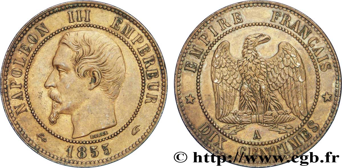 Dix centimes Napoléon III, tête nue 1855 Paris F.133/20 MBC52 