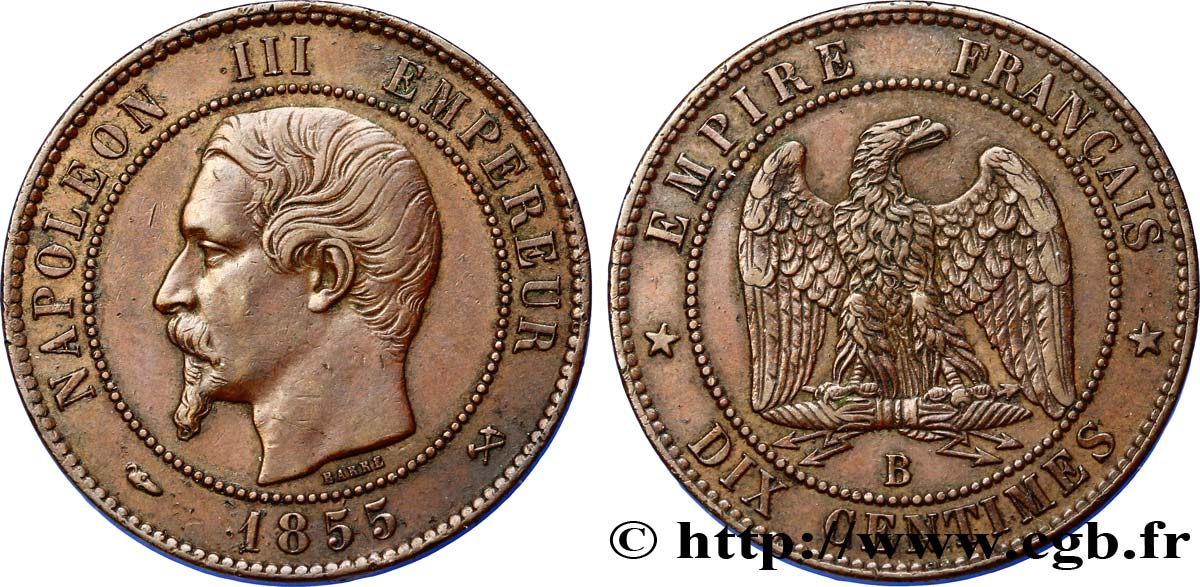 Dix centimes Napoléon III, tête nue 1855 Rouen F.133/21 TTB52 