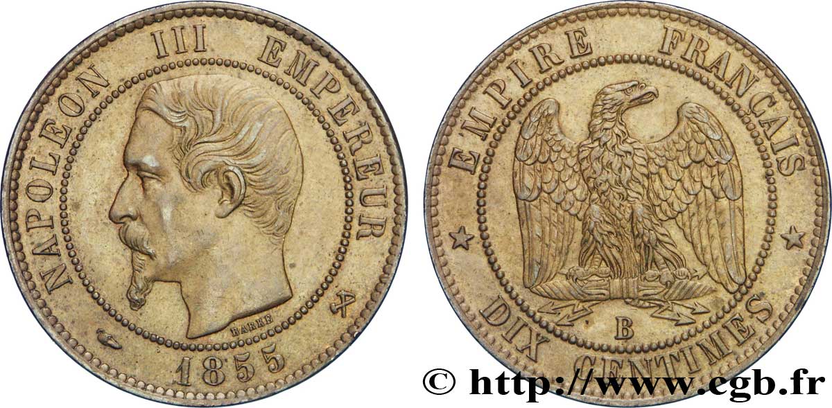 Dix centimes Napoléon III, tête nue 1855 Rouen F.133/21 TTB50 