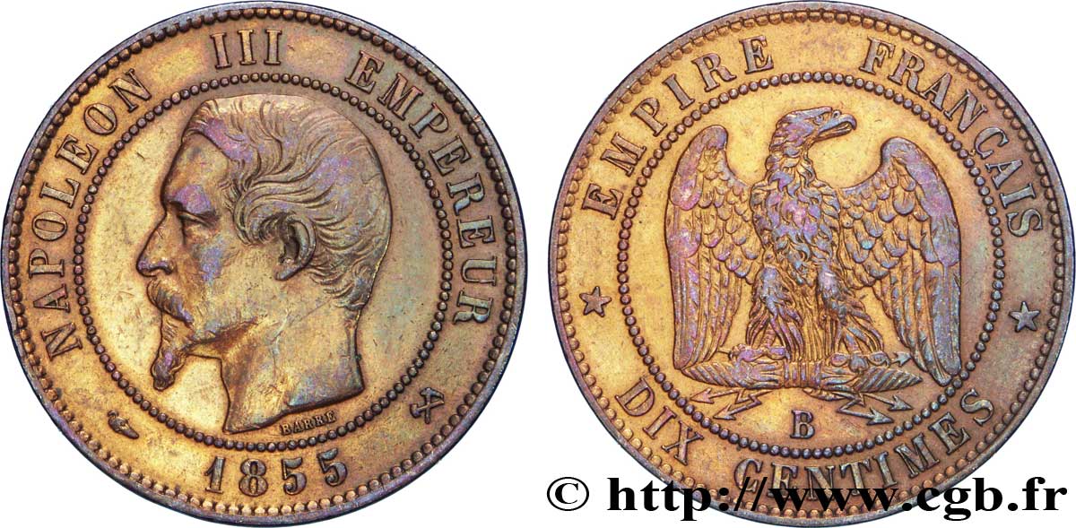 Dix centimes Napoléon III, tête nue 1855 Rouen F.133/21 BB48 