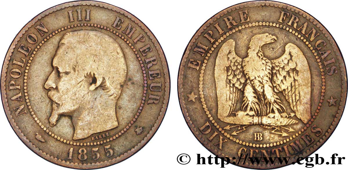 Dix centimes Napoléon III, tête nue 1855 Strasbourg F.133/23 RC12 