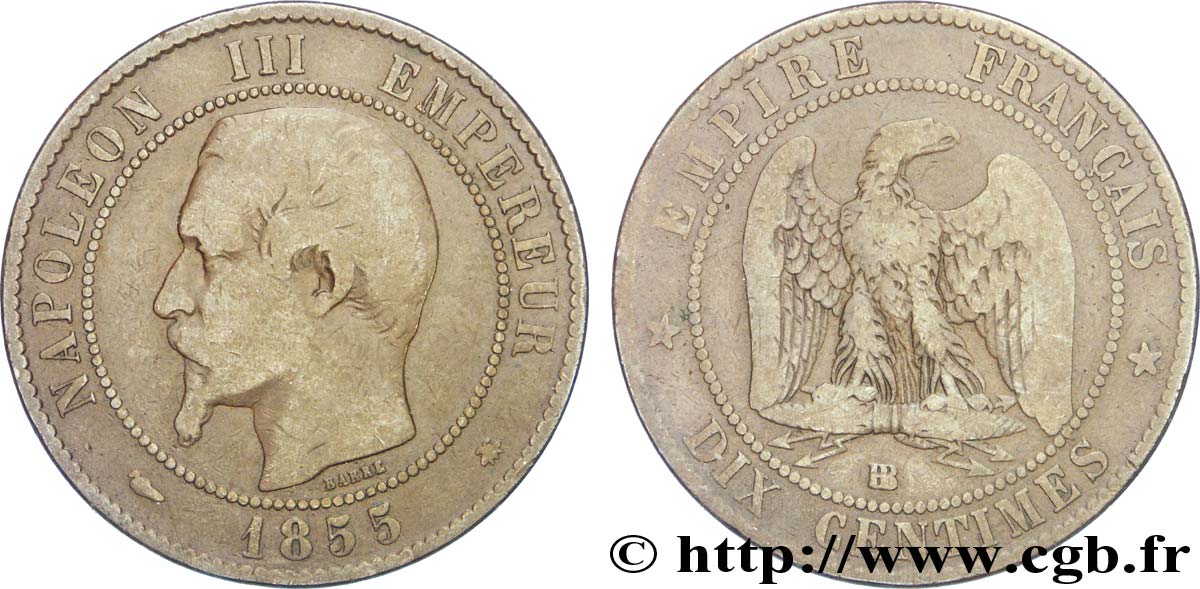 Dix centimes Napoléon III, tête nue 1855 Strasbourg F.133/23 TB15 