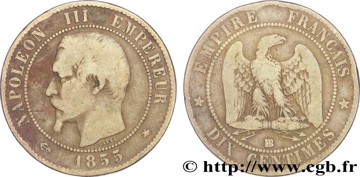 Dix centimes Napoléon III, tête nue 1855 Strasbourg F.133/24 VF20 
