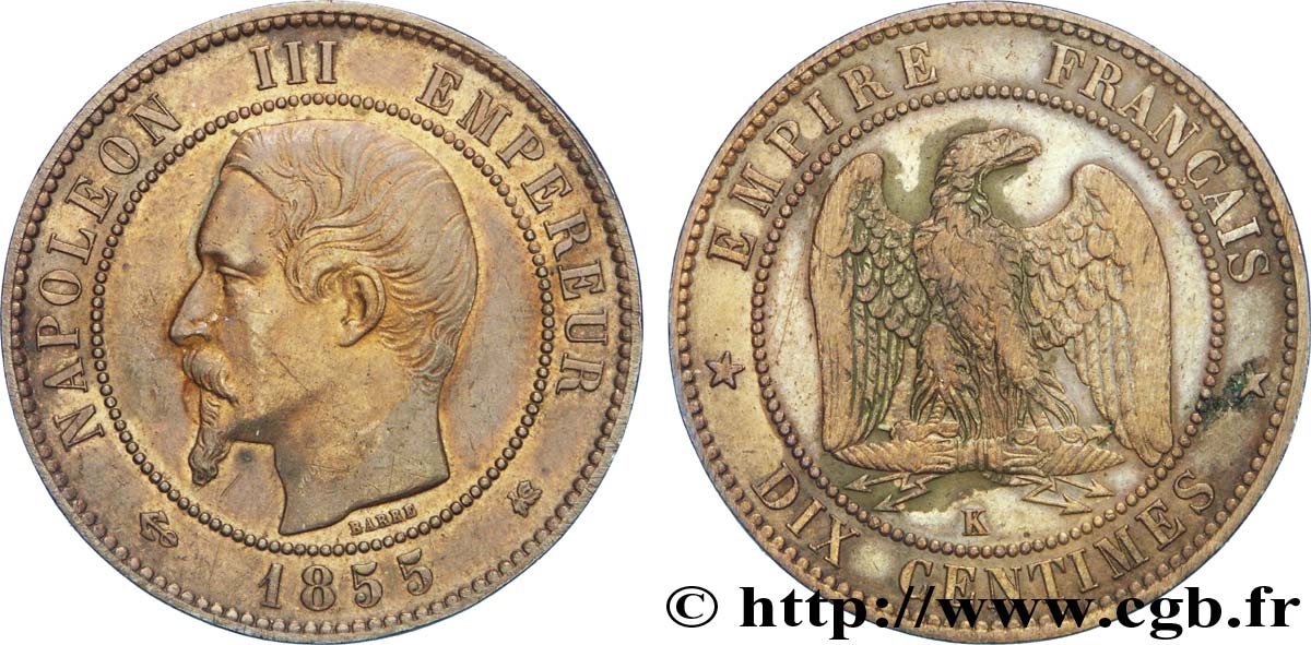Dix centimes Napoléon III, tête nue 1855 Bordeaux F.133/29 TTB50 