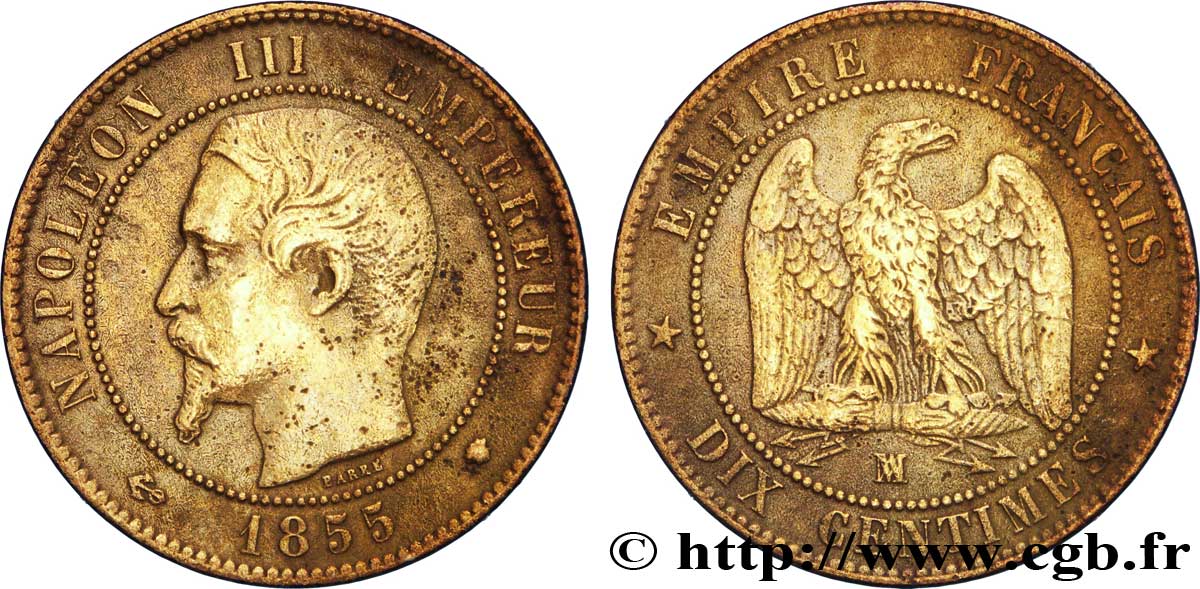 Dix centimes Napoléon III, tête nue 1855 Marseille F.133/31 TB20 