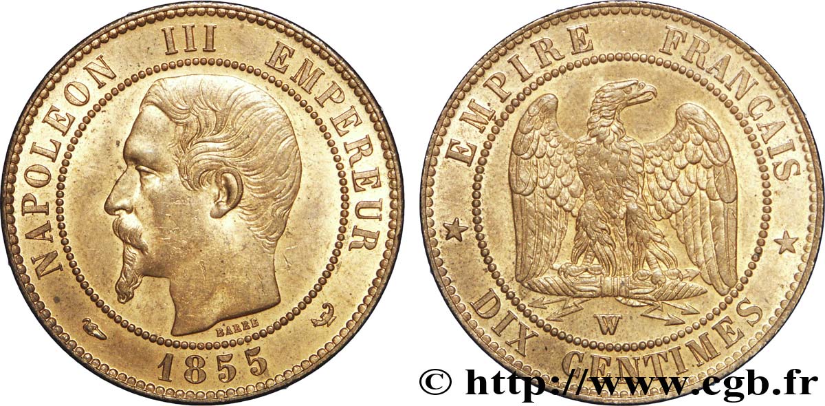 Dix centimes Napoléon III, tête nue 1855 Lille F.133/32 VZ60 