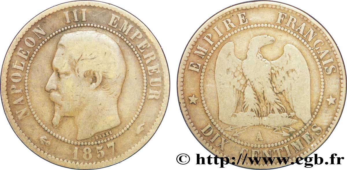 Dix centimes Napoléon III, tête nue 1857 Paris F.133/41 BC20 
