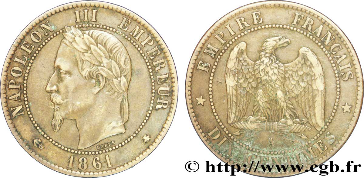 Dix centimes Napoléon III, tête laurée 1861 Paris F.134/4 XF45 