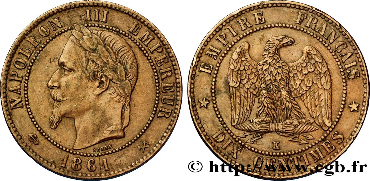Dix centimes Napoléon III, tête laurée 1861 Bordeaux F.134/6 TTB48 