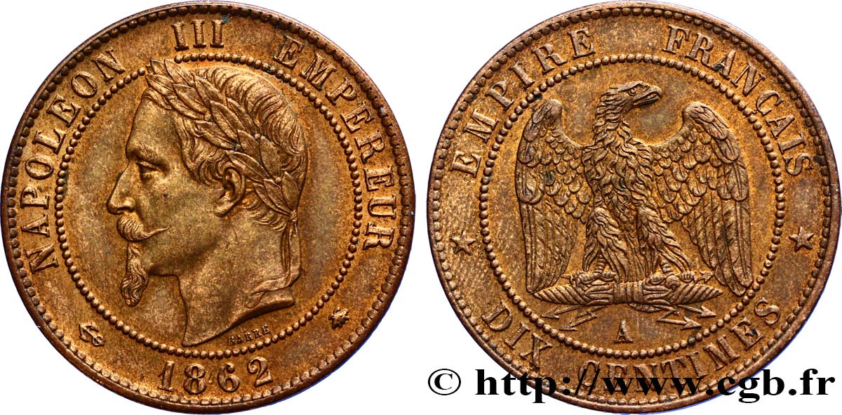 Dix centimes Napoléon III, tête laurée 1862 Paris F.134/7 MS60 