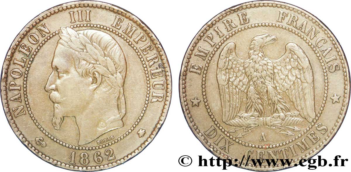 Dix centimes Napoléon III, tête laurée 1862 Paris F.134/7 BB50 