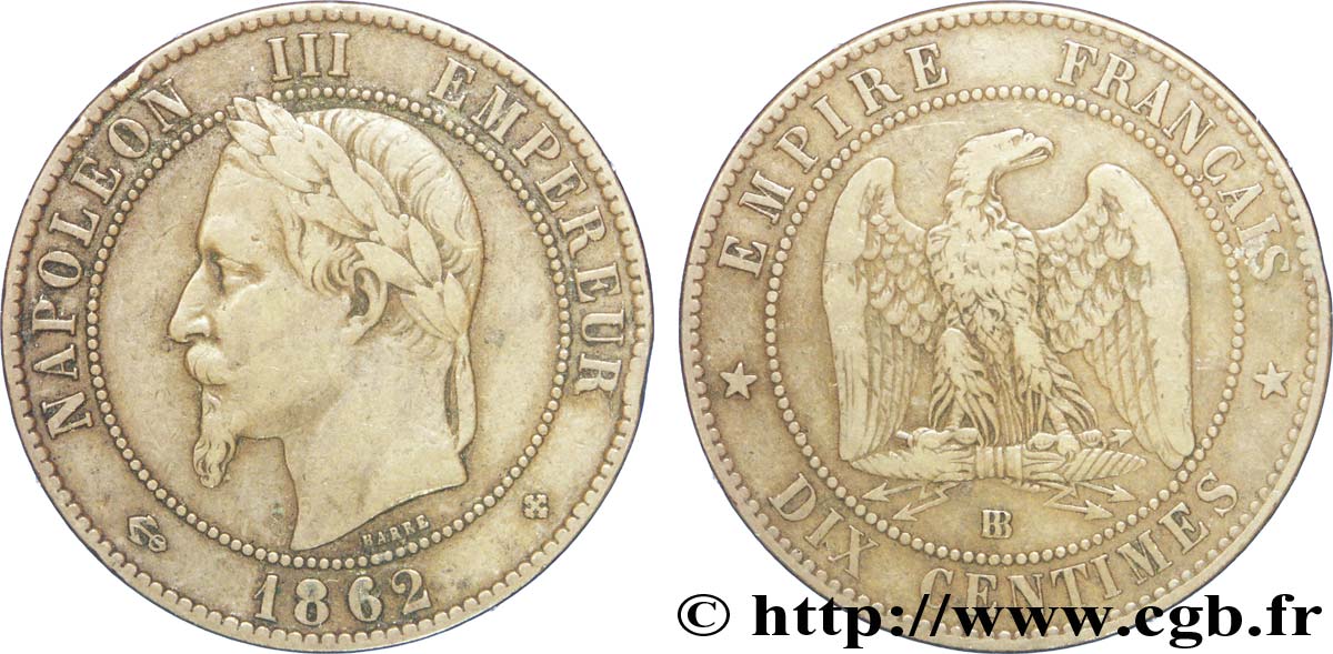 Dix centimes Napoléon III, tête laurée 1862 Strasbourg F.134/8 MBC40 