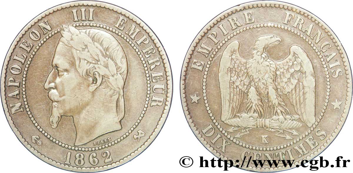 Dix centimes Napoléon III, tête laurée 1862 Bordeaux F.134/9 TB30 