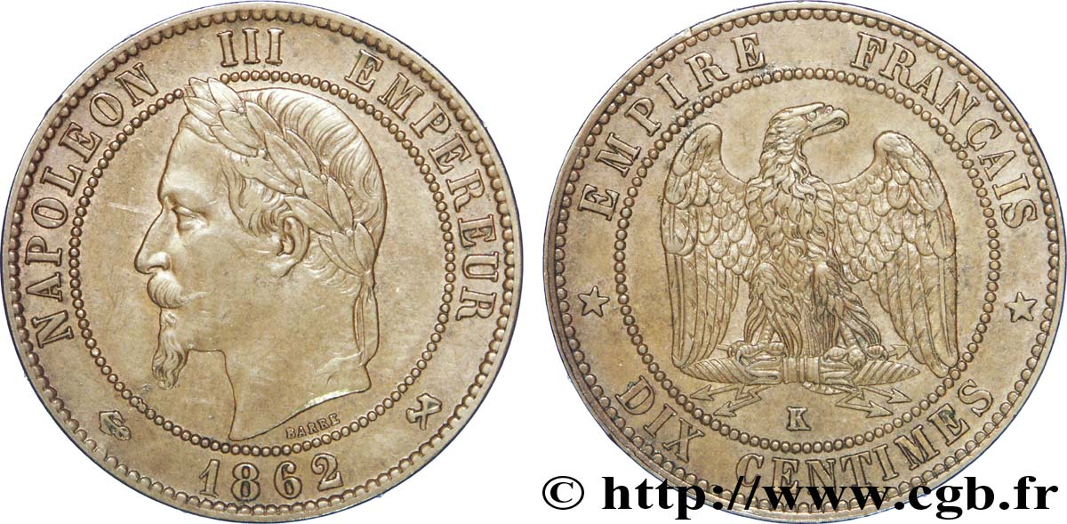 Dix centimes Napoléon III, tête laurée 1862 Bordeaux F.134/9 TTB48 