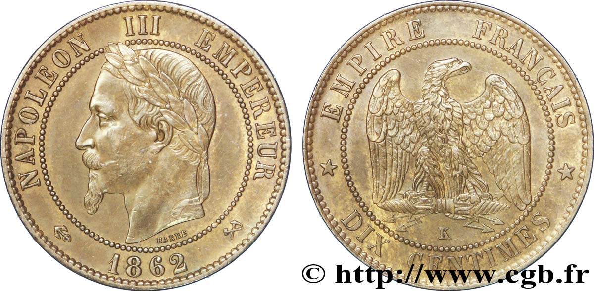 Dix centimes Napoléon III, tête laurée 1862 Bordeaux F.134/9 SUP58 