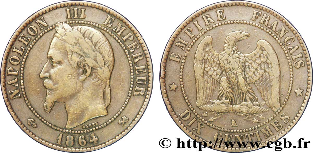 Dix centimes Napoléon III, tête laurée 1864 Bordeaux F.134/15 TB35 