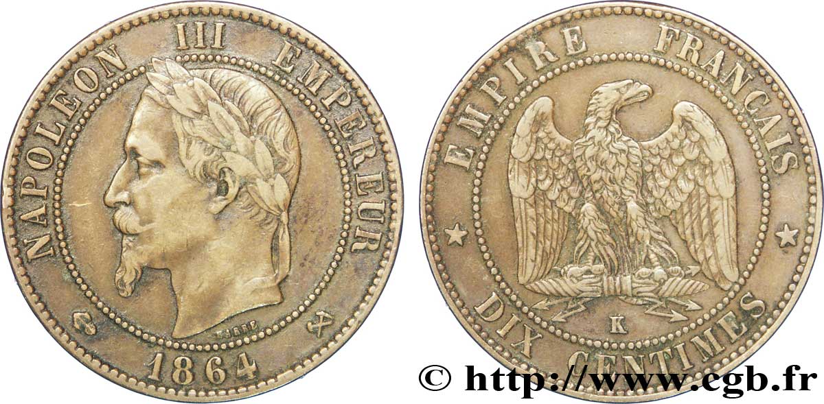 Dix centimes Napoléon III, tête laurée 1864 Bordeaux F.134/15 TTB45 