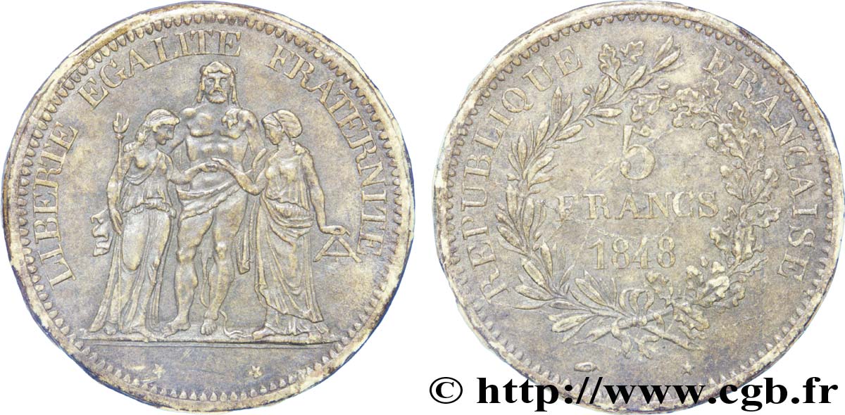 Épreuve carton de 5 francs Hercule, IIe République 1848 Paris F.326/1 var. SUP 