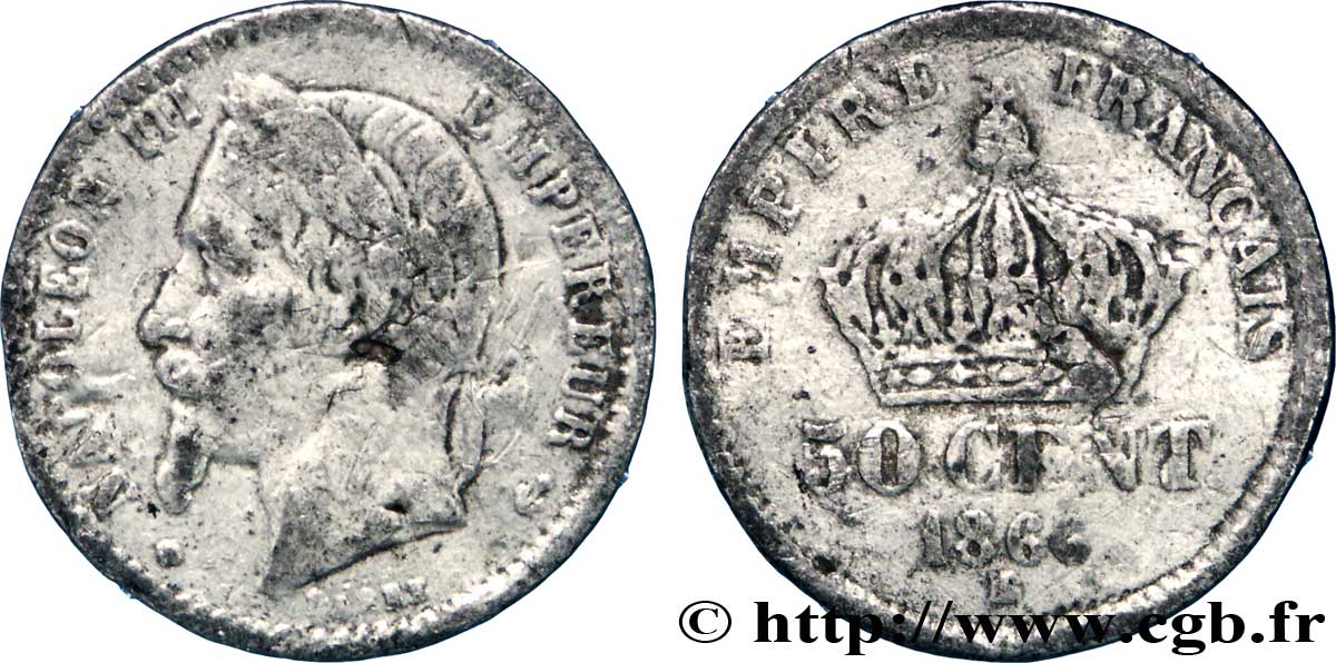 Faux de 50 centimes Napoléon III, tête laurée 1866 Strasbourg F.188/10 var. TTB40 