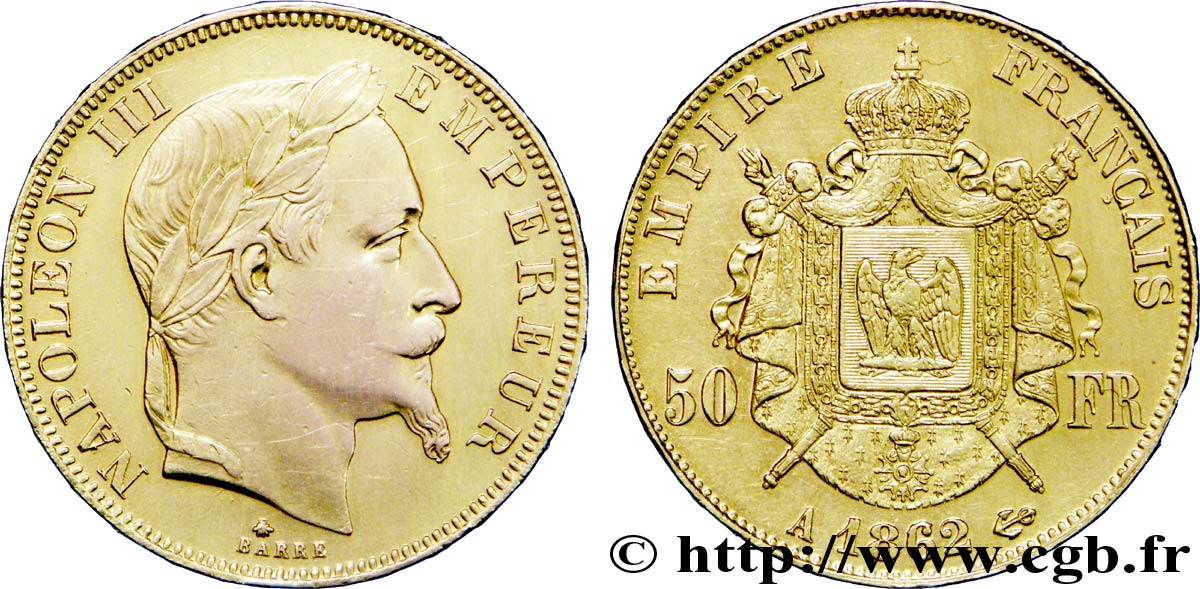 Faux pour servir (?) de 50 francs or Napoléon III, tête laurée 1862 Paris F.548/1 var. AU55 