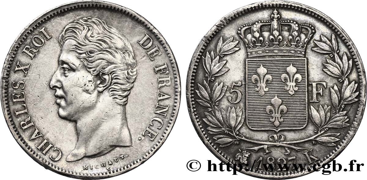 5 francs Charles X, 2e type 1827 Bordeaux F.311/7 SS45 