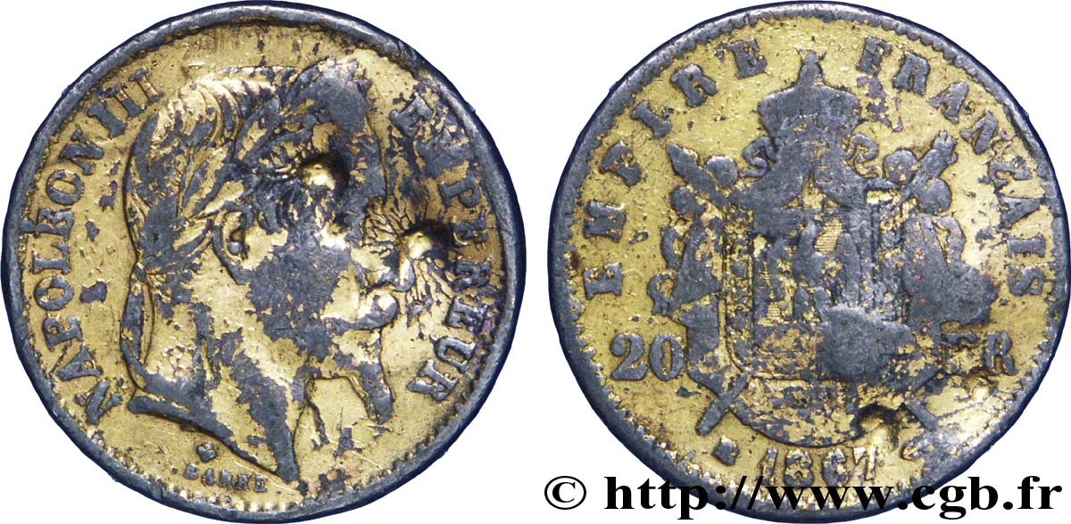 Faux de 20 francs or Napoléon III, tête laurée 1867 Strasbourg F.532/17 var. MB20 