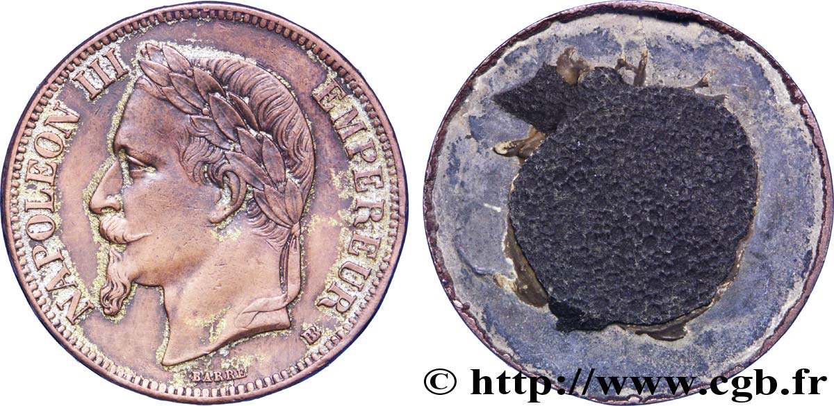 Contre-type de 5 francs Napoléon III, tête laurée, rempli de plomb n.d. Strasbourg F.331/ var. SPL 