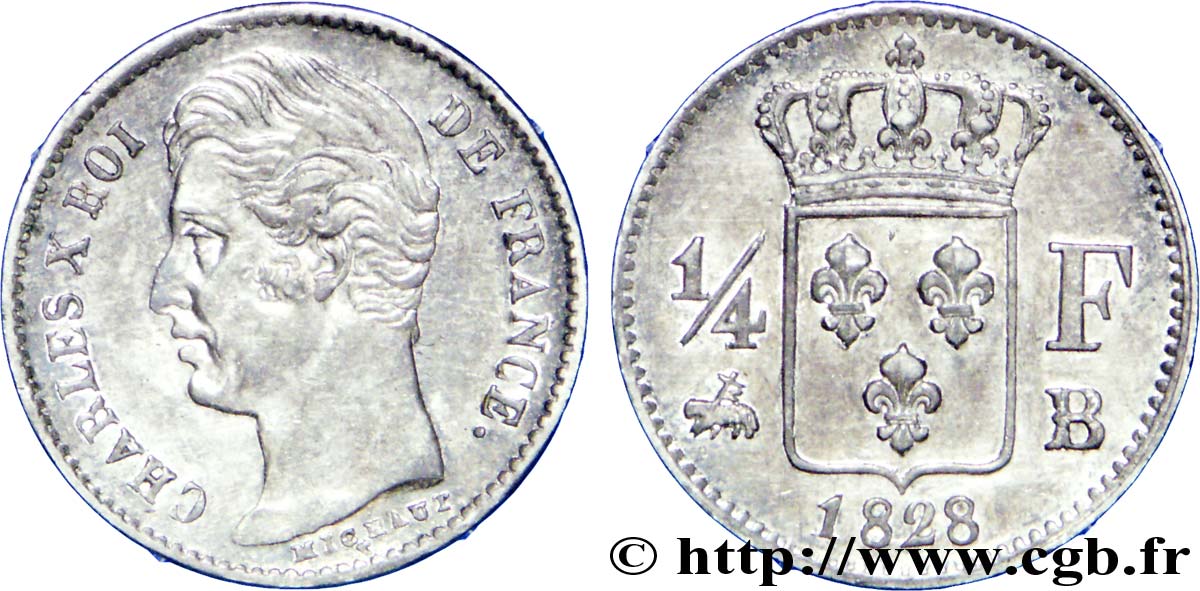 1/4 franc Charles X 1828 Rouen F.164/19 EBC55 