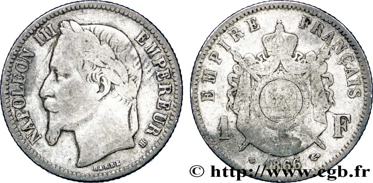 1 franc Napoléon III, tête laurée 1866 Strasbourg F.215/4 TB25 
