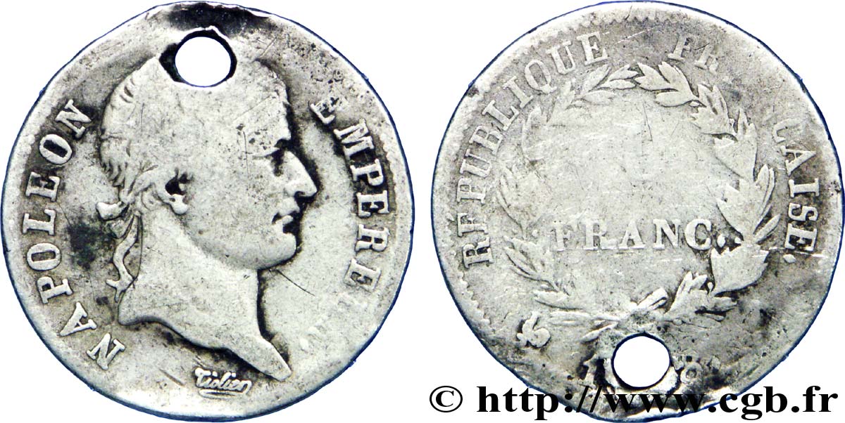 1 franc Napoléon Ier tête laurée, République française 1808 Paris F.204/2 VG8 