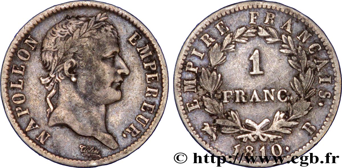 1 franc Napoléon Ier tête laurée, Empire français 1810 Rouen F.205/14 MBC48 