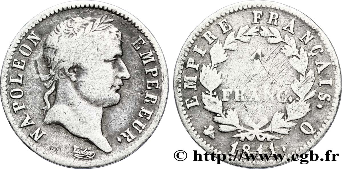 1 franc Napoléon Ier tête laurée, Empire français 1811 Perpignan F.205/38 TB18 