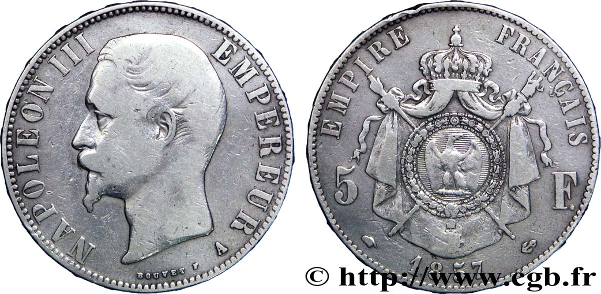 5 francs Napoléon III, tête nue 1857 Paris F.330/10 TB30 
