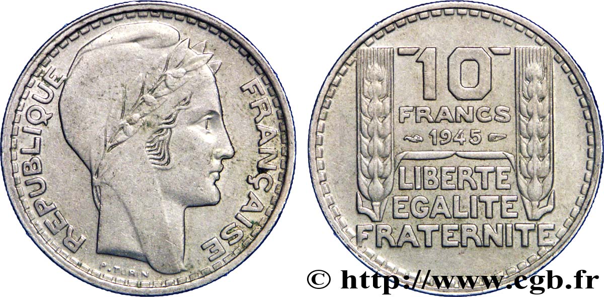 10 francs Turin, grosse tête, rameaux longs 1945  F.361/2 AU50 