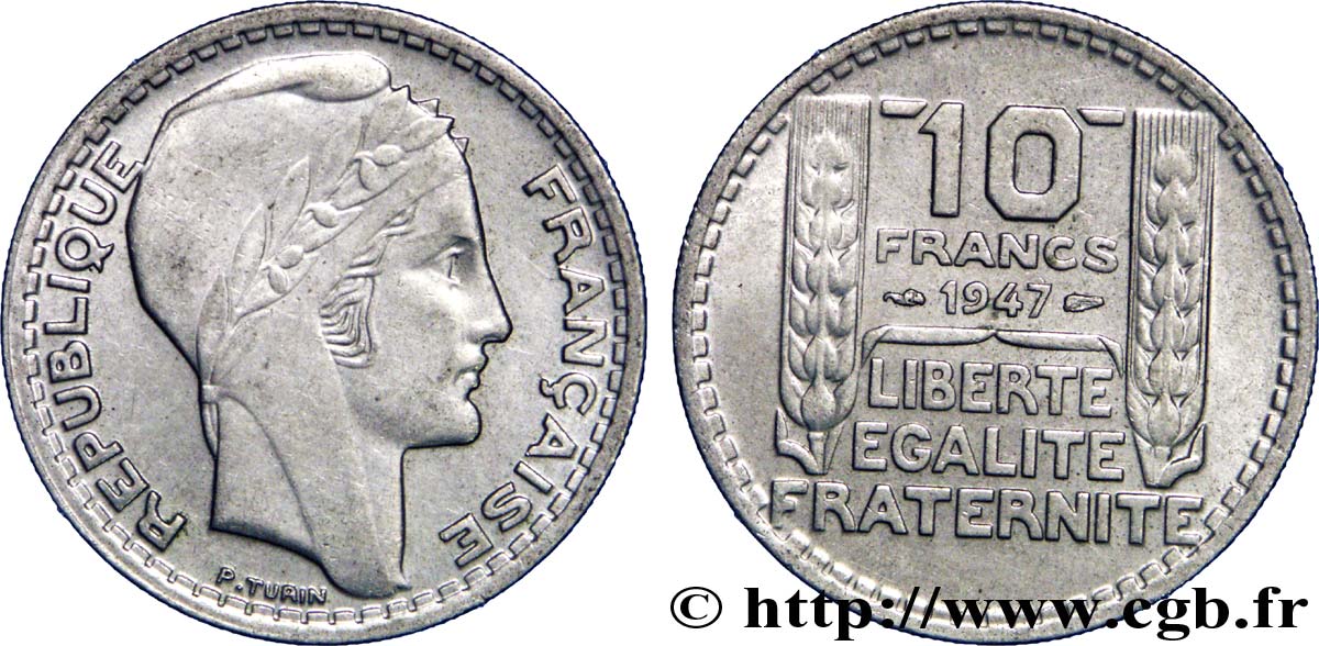 10 francs Turin, grosse tête, rameaux courts 1947  F.361A/4 AU55 