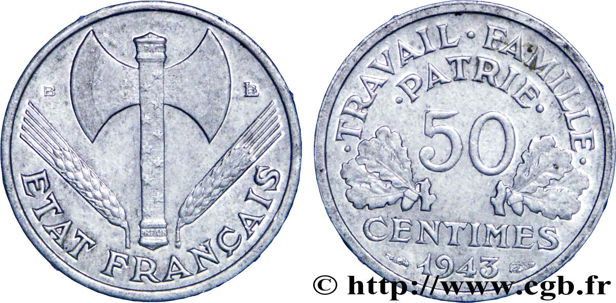 50 centimes Francisque, légère 1943 Beaumont-Le-Roger F.196/3 TTB50 