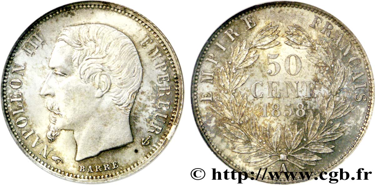 50 centimes Napoléon III, tête nue 1858 Paris F.187/9 FDC65 