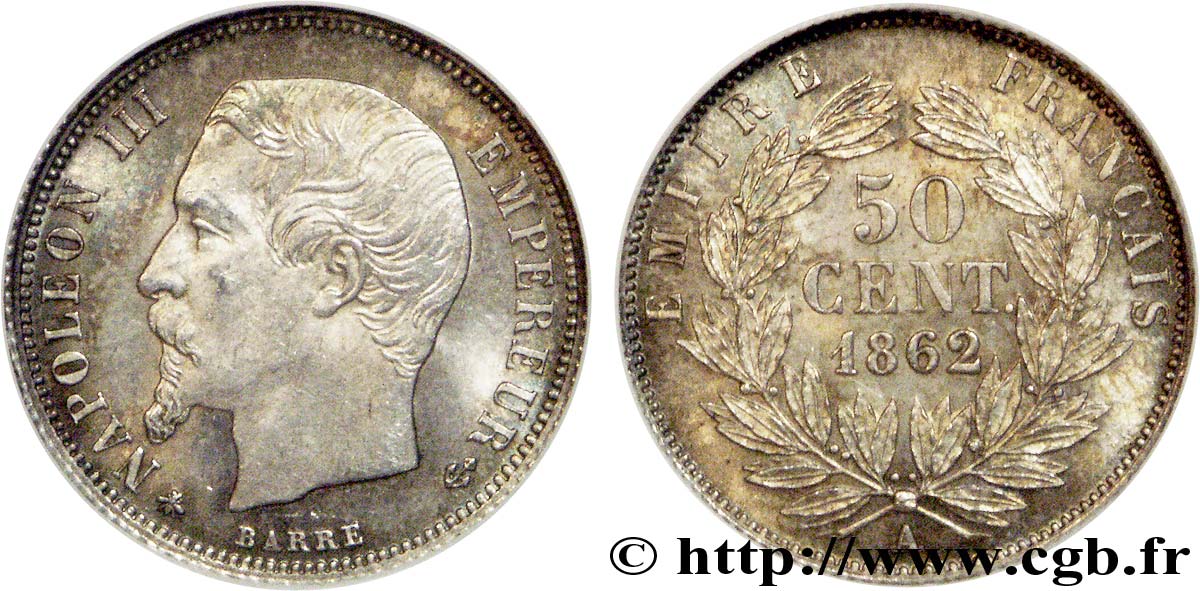 50 centimes Napoléon III, tête nue 1862 Paris F.187/16 SPL63 