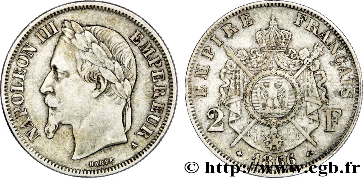 2 francs Napoléon III, tête laurée 1866 Paris F.263/2 TTB45 