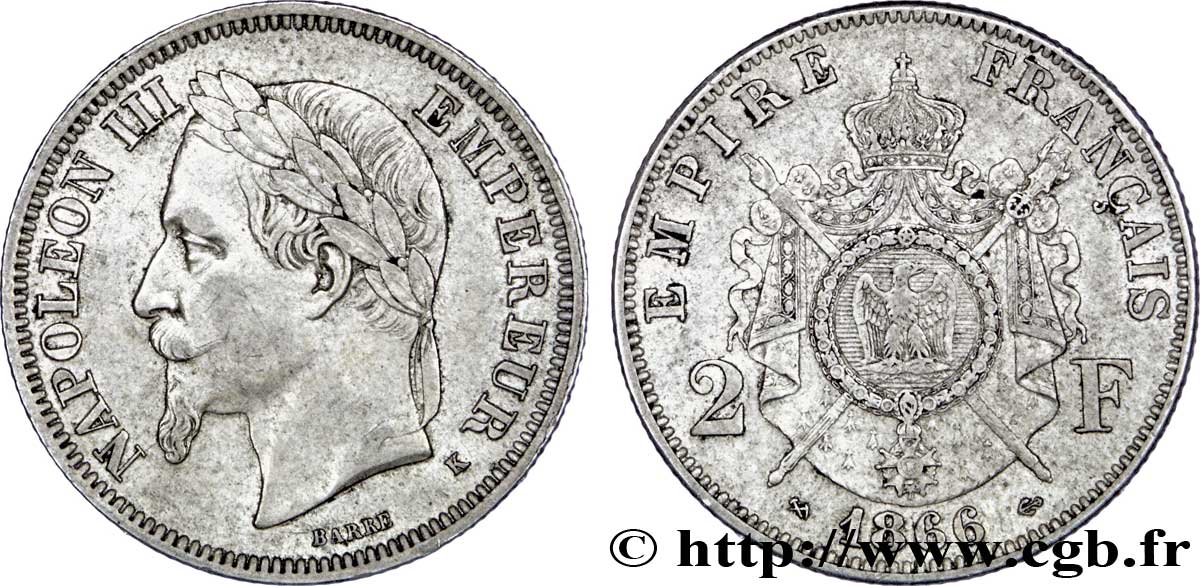 2 francs Napoléon III, tête laurée 1866 Bordeaux F.263/4 TTB50 