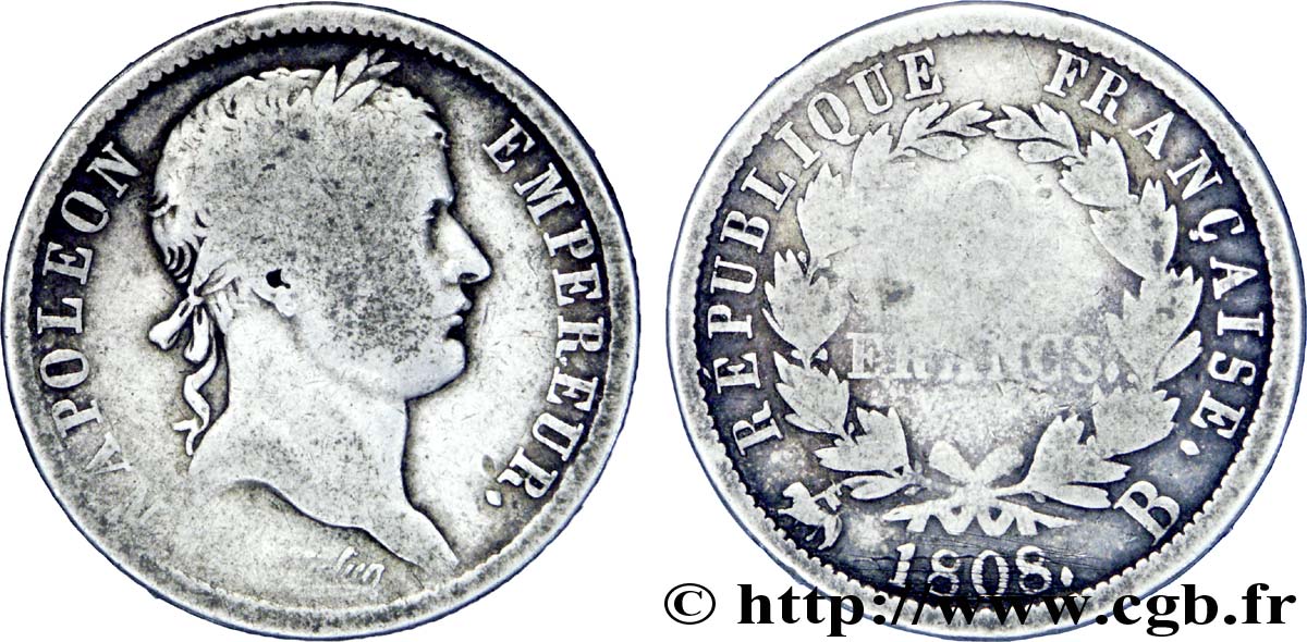 2 francs Napoléon Ier tête laurée, République française 1808 Rouen F.254/5 SGE8 