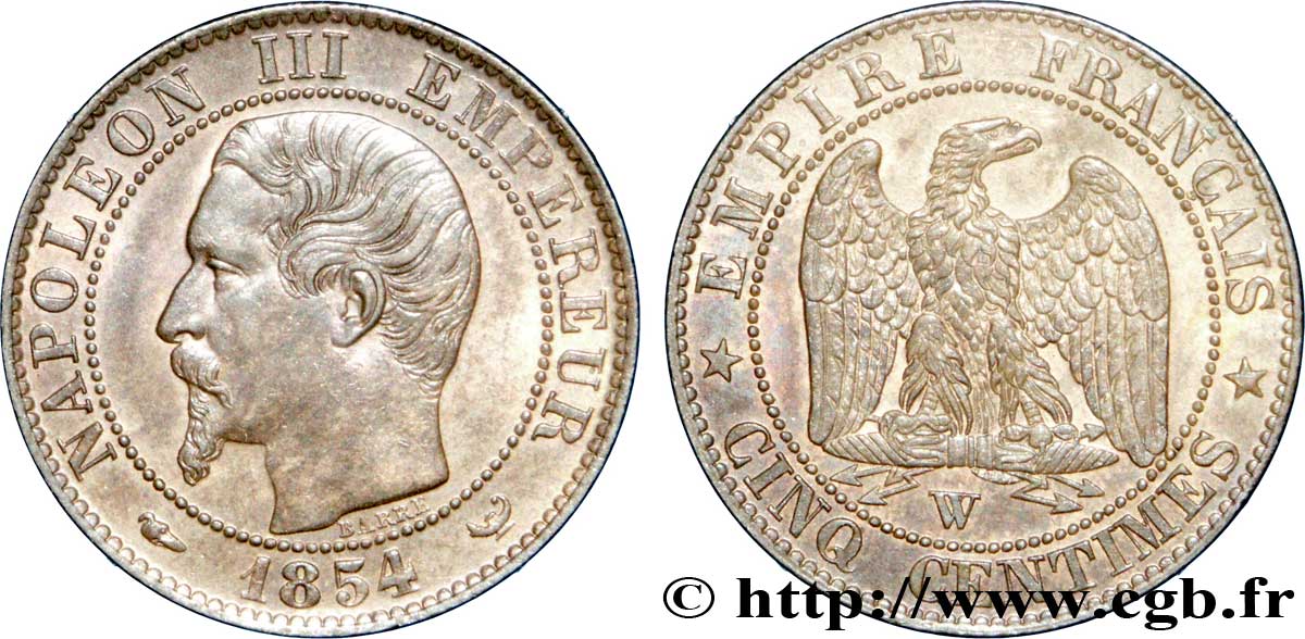 Cinq centimes Napoléon III, tête nue 1854 Lille F.116/15 SUP60 
