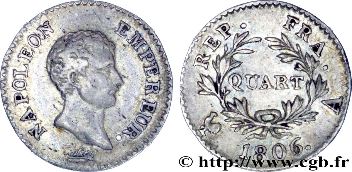 Quart (de franc) Napoléon Empereur, Calendrier grégorien 1806 Paris F.159/1 TTB45 