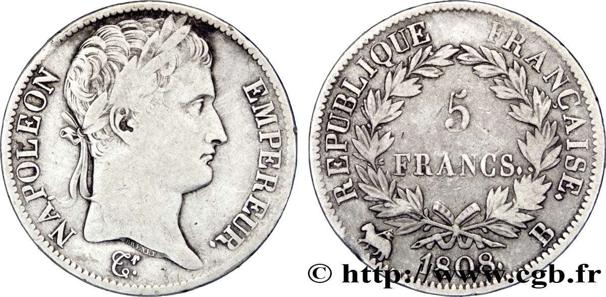 5 francs Napoléon Empereur, République française 1808 Rouen F.306/3 TB23 