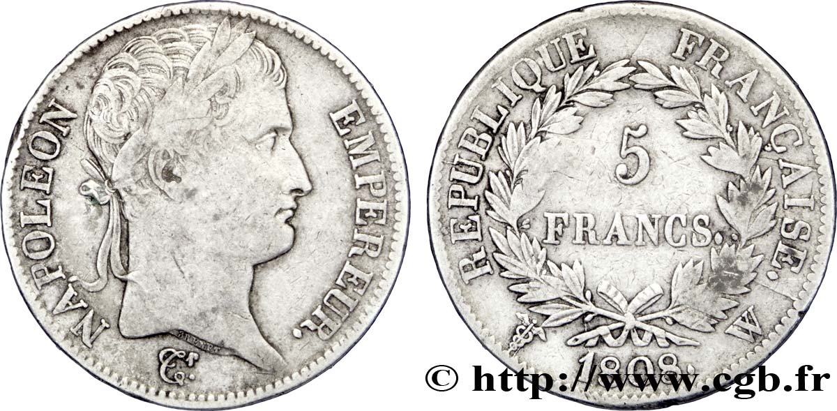 5 francs Napoléon Empereur, République française 1808 Lille F.306/15 BC25 