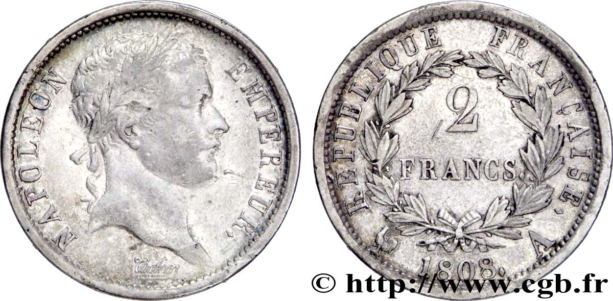 2 francs Napoléon Ier tête laurée, République française 1808 Paris F.254/4 VF35 