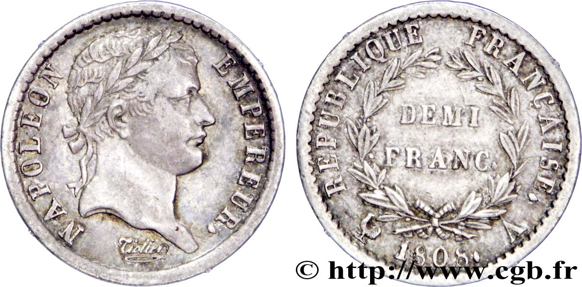 Demi-franc Napoléon Ier tête laurée, République française 1808 Paris F.177/2 TTB51 